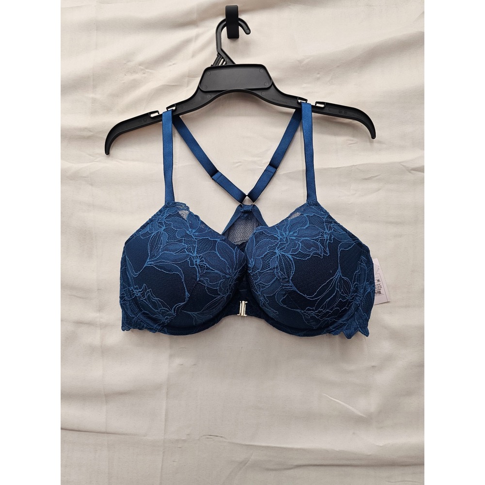 Auden Womens Lace Front Close Push Up Plunge Bra Blue Nylon Blend Size 40D